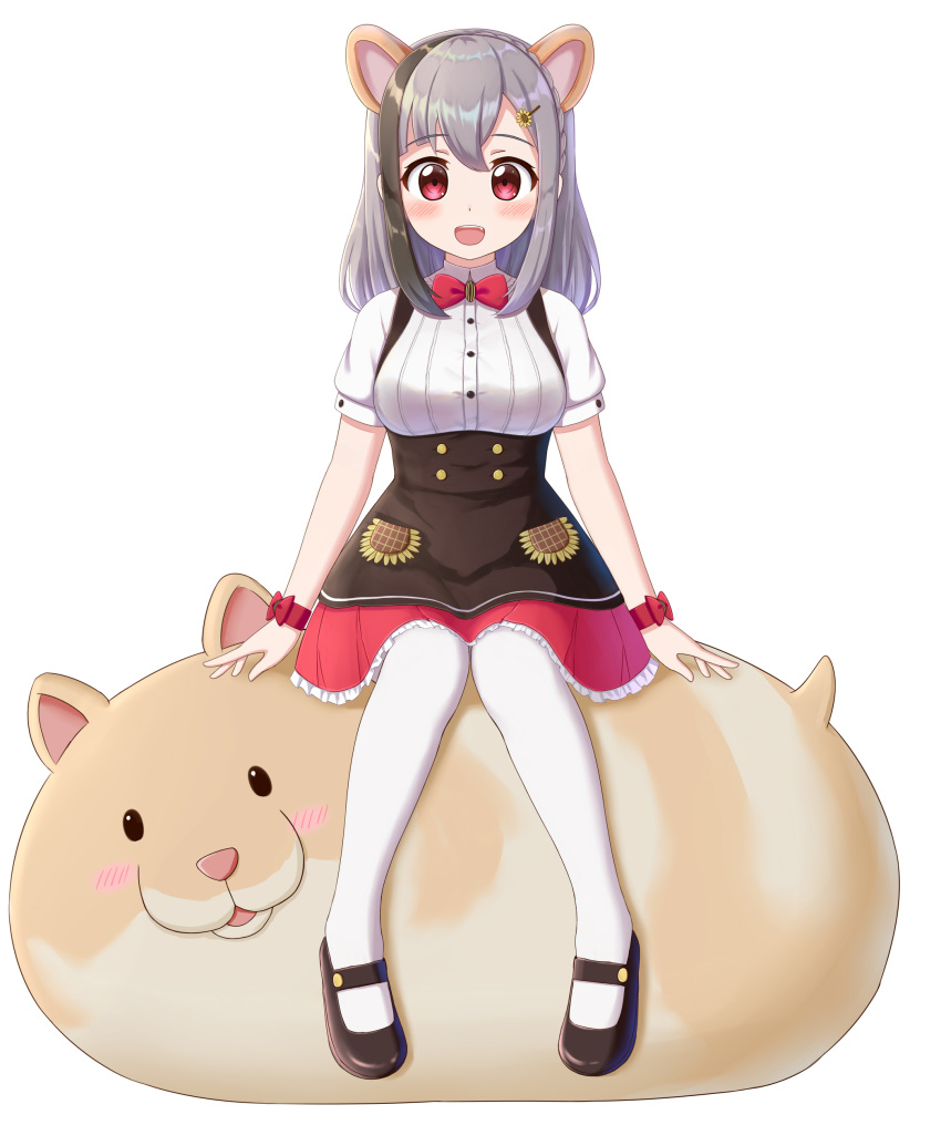 1girl, :d, absurdres, animal, animal_ears, black_footwear, black_hair, blush