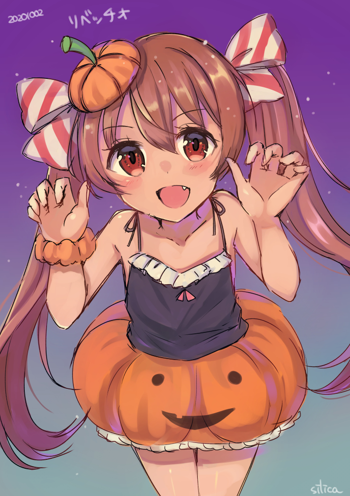 1girl, black_tank_top, brown_eyes, brown_hair, character_name, commentary_request, cowboy_shot, curled_fingers, dated, halloween_costume, hat, jack-o'-lantern, kantai_collection, leaning_forward, libeccio_(kantai_collection), long_hair, looking_at_viewer, mini_hat, night, night_sky, orange_scrunchie, pumpkin_skirt, scrunchie, silica_(silica_silylate), sky, solo, tan, tank_top, twintails, wrist_scrunchie