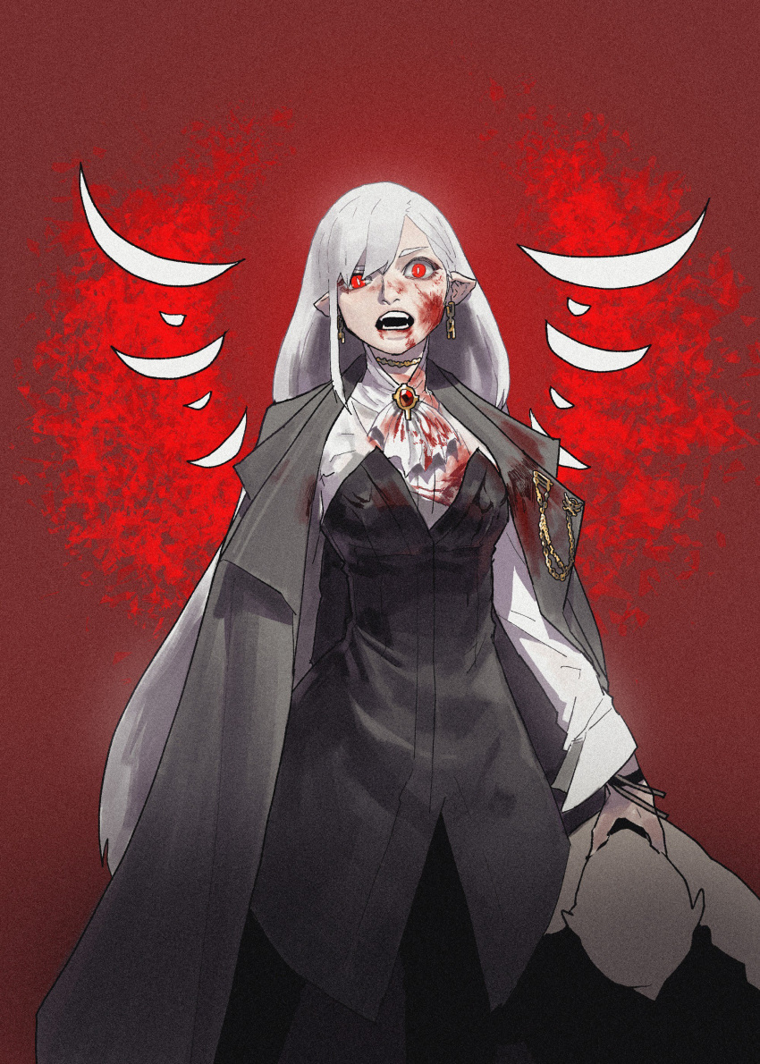 1girl, absurdres, ascot, black_dress, black_pants, blood, blood_on_face, bloody_clothes