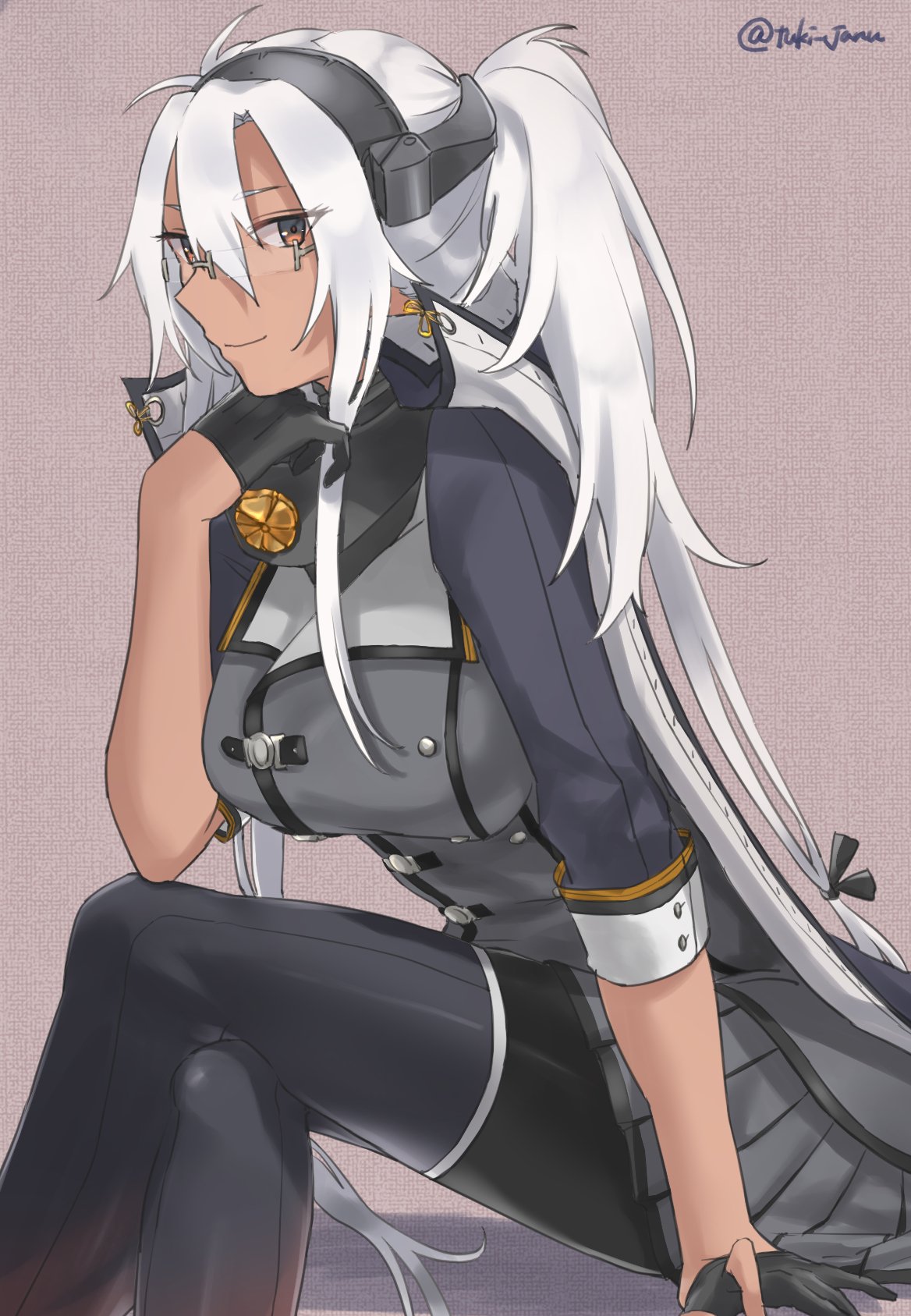1girl, black_gloves, black_legwear, breasts, crossed_legs, dark_skin, feet_out_of_frame, glasses