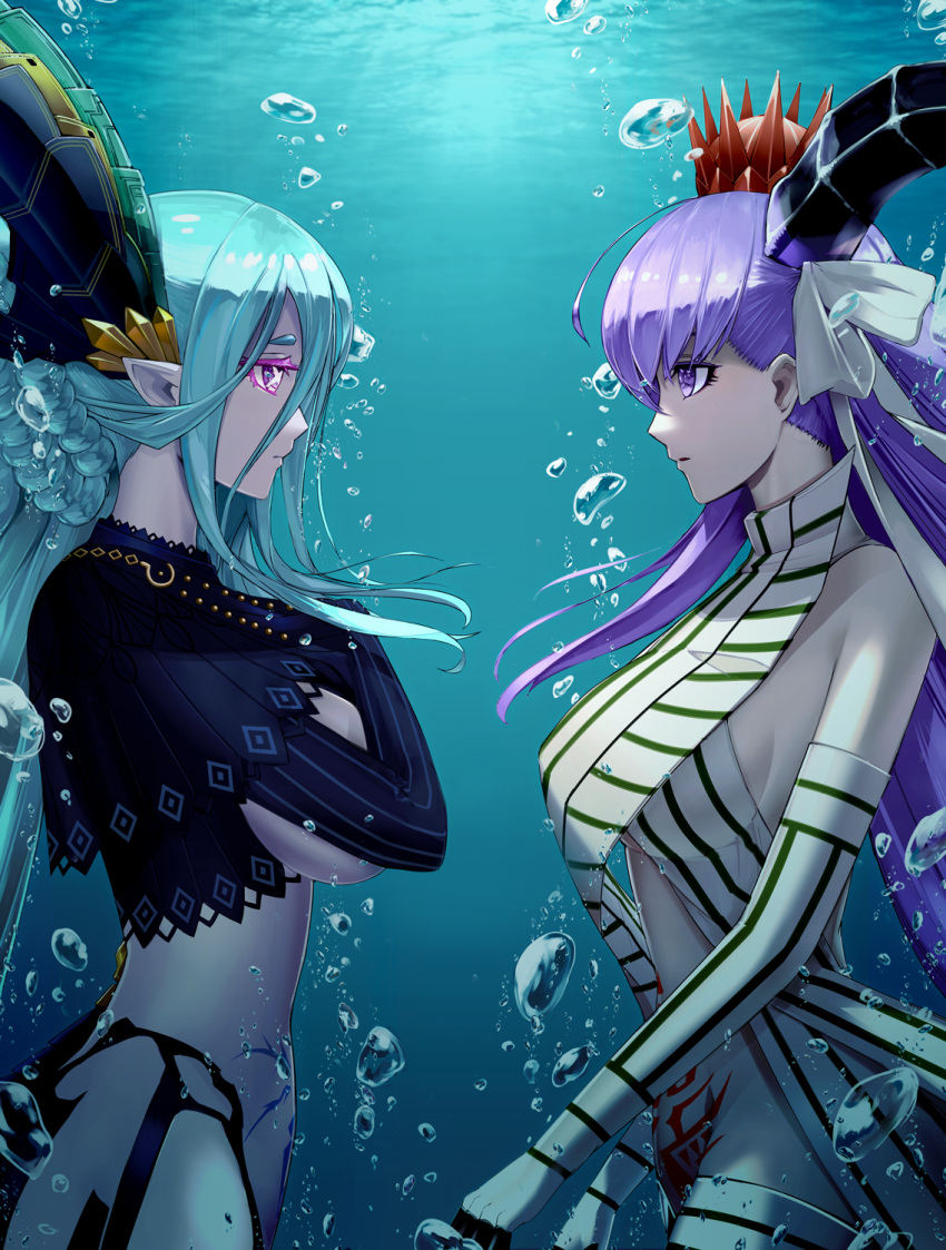+_+, air_bubble, aqua_background, aqua_hair, bangs, black_capelet, black_gloves, black_horns