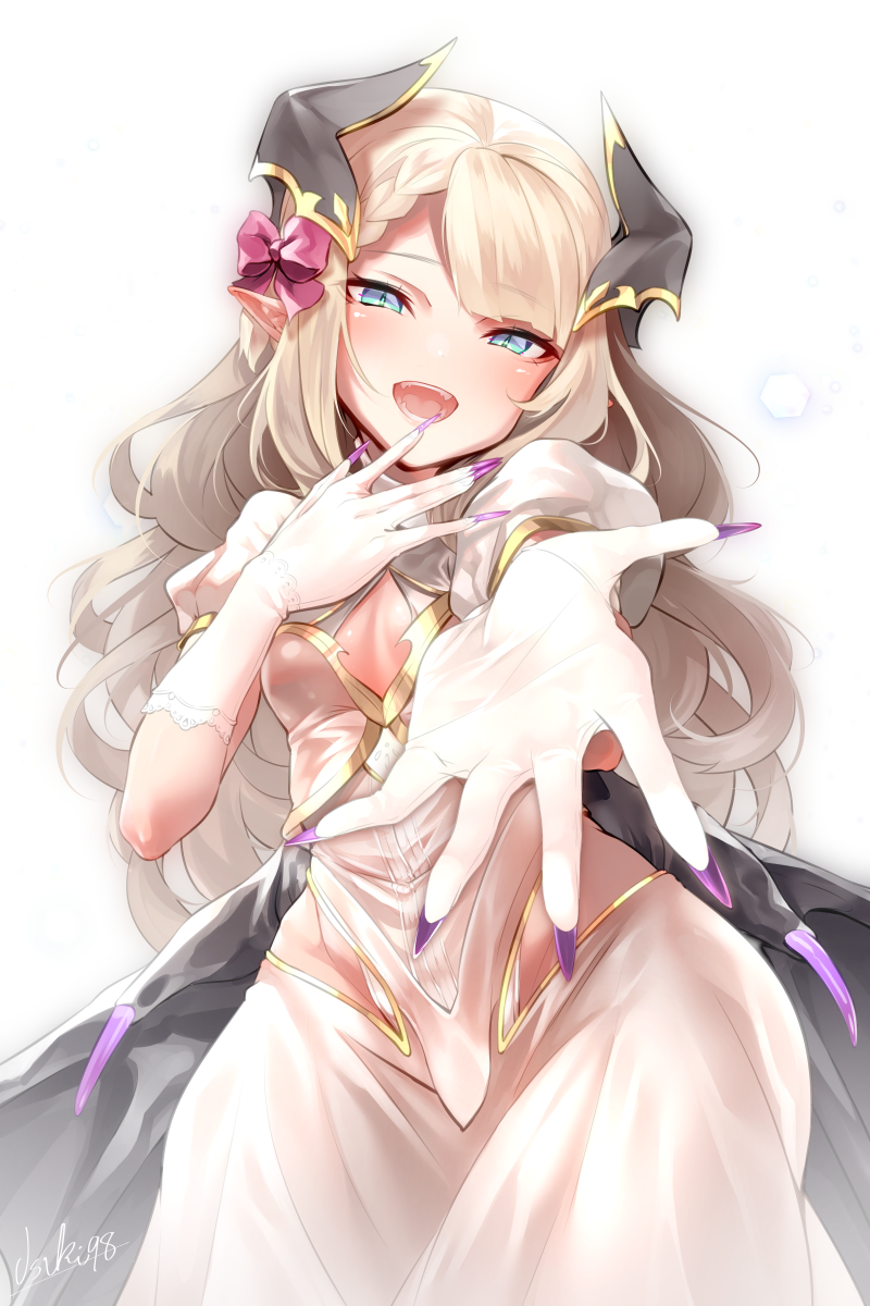 1girl, :d, blonde_hair, blue_eyes, commentary_request, demon_girl, demon_horns, demon_wings