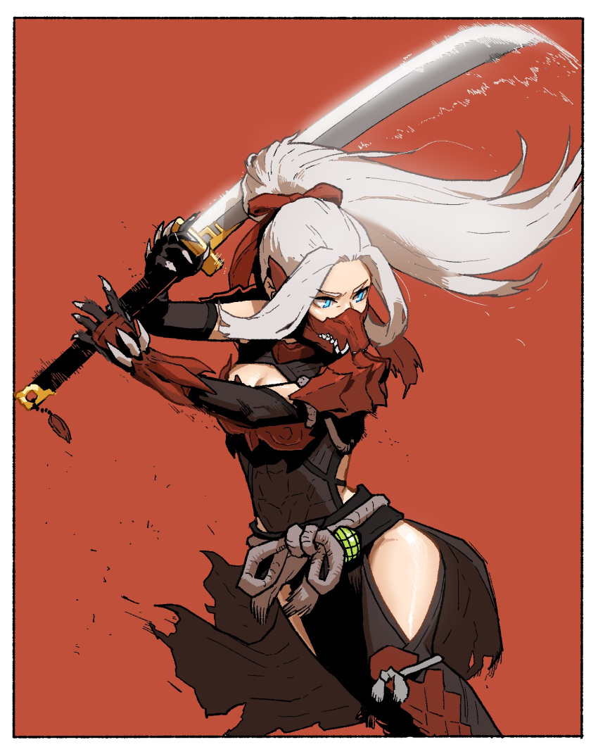 1girl, armor, blue_eyes, border, floating_hair, gogalking, grey_hair, hands_up