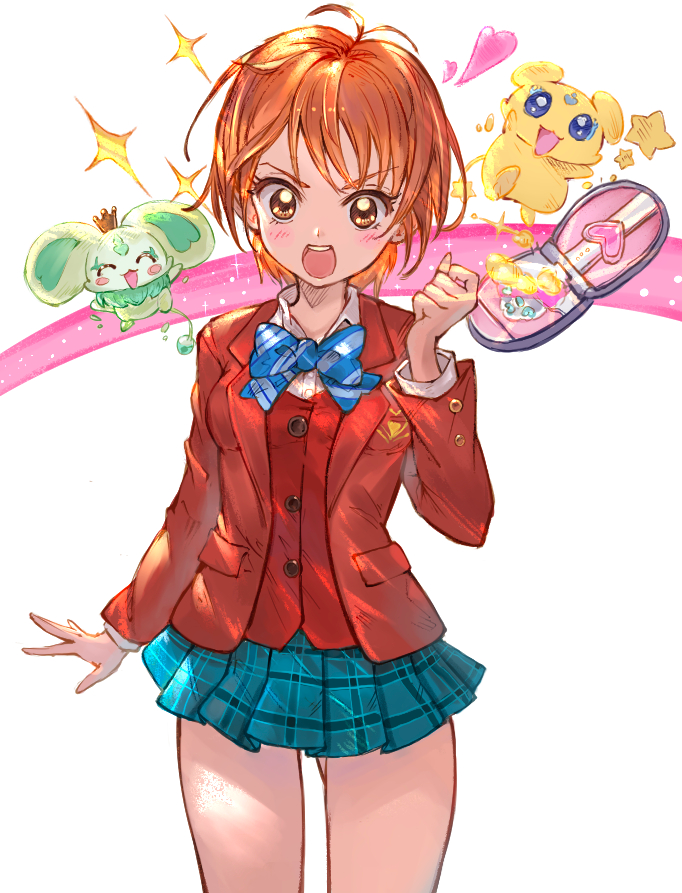 1girl, 2others, blazer, blue_bow, bow, bowtie, brown_eyes, brown_hair