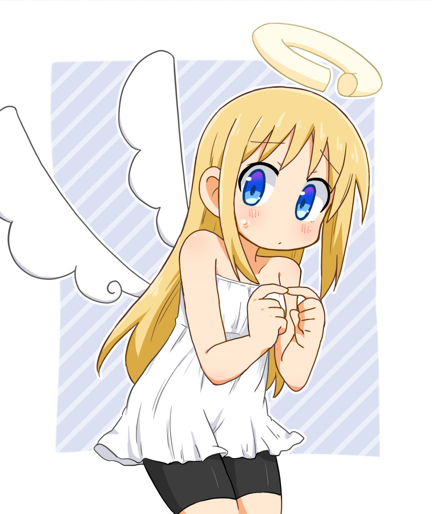 1other, absurdres, angel, angel_wings, bare_arms, black_shorts, blonde_hair, blue_eyes