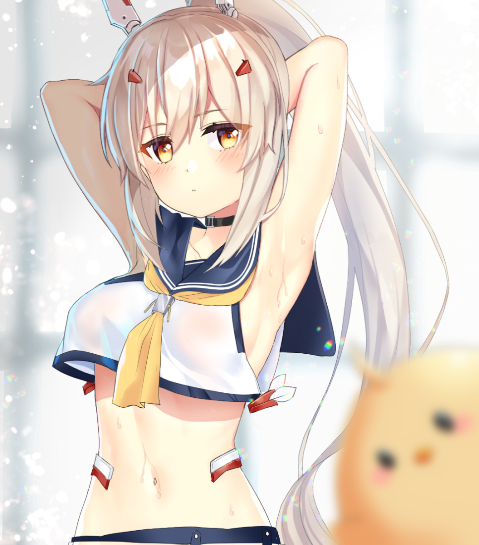 1girl, armpits, arms_behind_head, arms_up, ayanami_(azur_lane), azur_lane, bangs, bare_shoulders