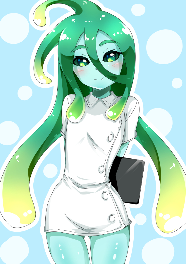 1girl, aqua_skin, arms_behind_back, blush, buttons, closed_mouth, commentary_request, green_eyes, green_hair, green_sclera, hair_between_eyes, holding, houshi, long_hair, looking_at_viewer, monster_girl, monster_musume_no_iru_nichijou, nurse, short_sleeves, slime_girl, smile, solo, standing, suu_(monster_musume), tentacle_hair, very_long_hair