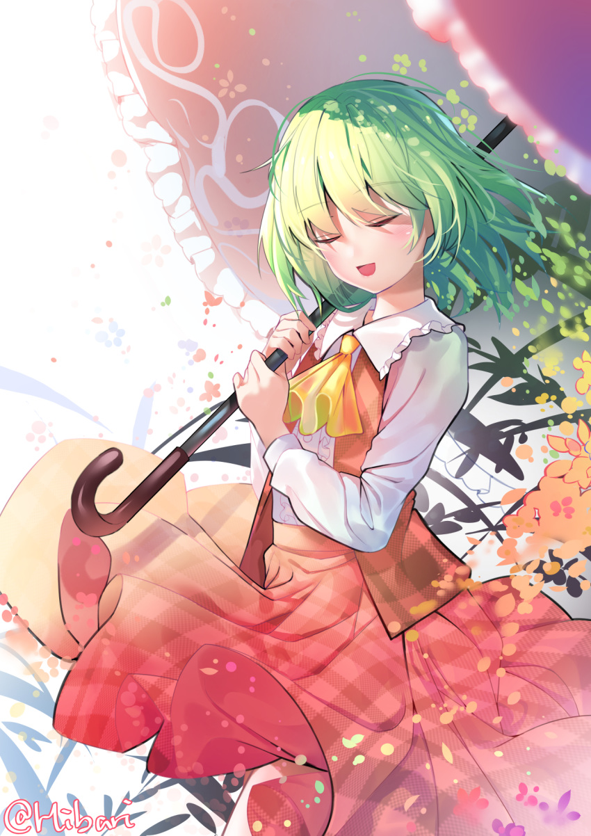 1girl, artist_name, ascot, bangs, bloom, closed_eyes, commentary, cowboy_shot