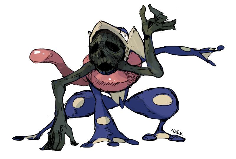 commentary, crossover, dark_souls_ii, demon_of_song, english_commentary, gen_6_pokemon, greninja, looking_at_viewer