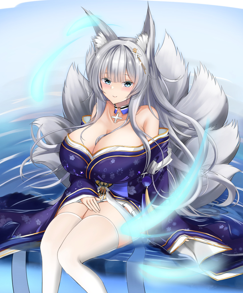 1girl, absurdres, animal_ear_fluff, animal_ears, azur_lane, blue_collar, blue_eyes, blue_kimono, breasts, collar, detached_collar, feet_out_of_frame, fox_ears, fox_girl, hair_ornament, highres, huge_breasts, japanese_clothes, kimono, kitsune, kyuubi, large_tail, looking_at_viewer, micchamu, multiple_tails, off-shoulder_kimono, off_shoulder, shinano_(azur_lane), silver_hair, sitting, skindentation, tail, thigh-highs, water, white_legwear, white_tail, wide_sleeves