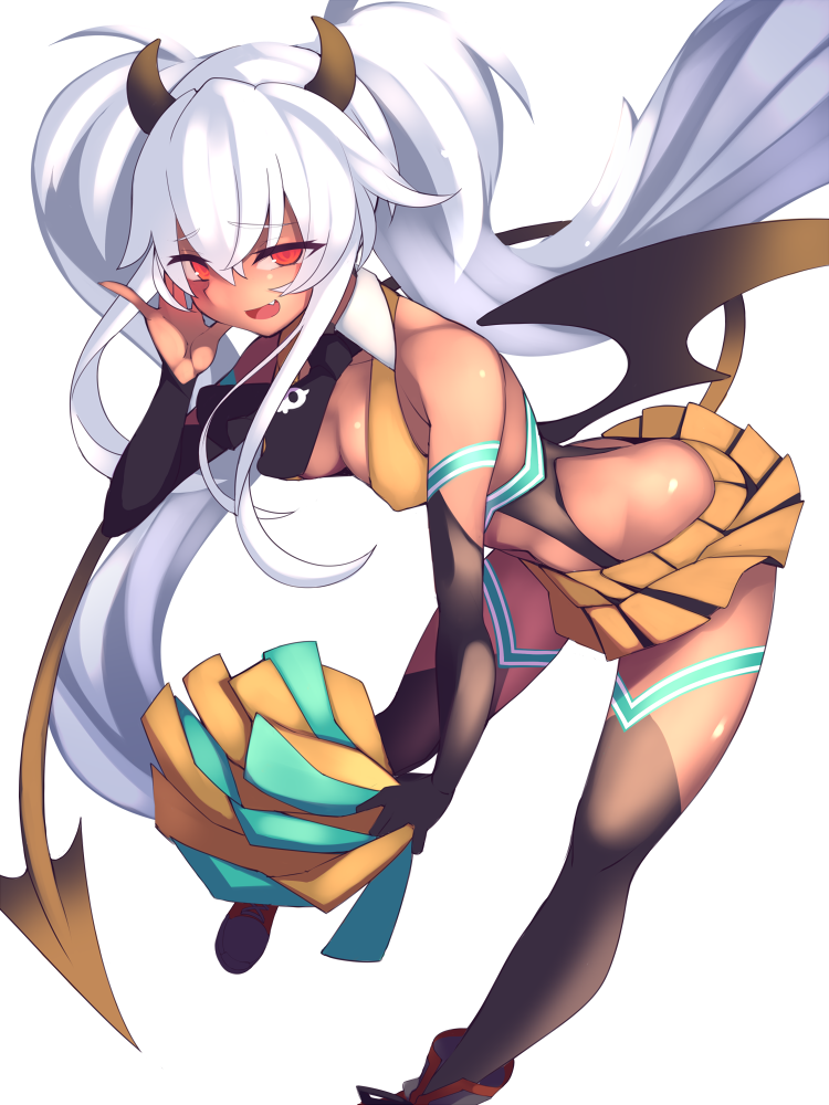1girl, bombergirl, breasts, cheerleader, covered_nipples, demon_girl, demon_horns, demon_tail