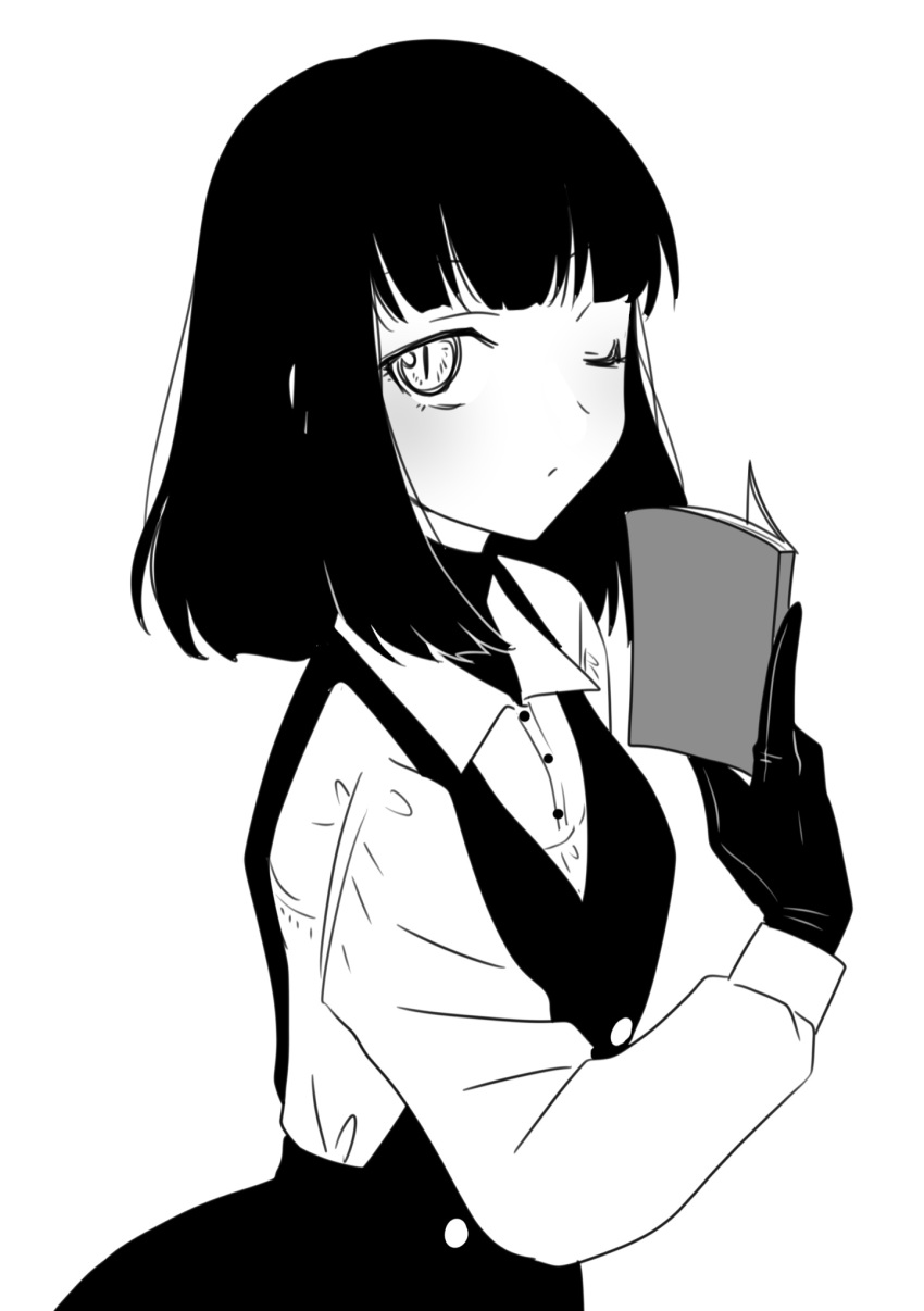 1girl, bangs, black_dress, black_gloves, black_hair, book, collared_shirt, commentary_request, dress, dress_shirt, gloves, greyscale, highres, hikaru_(ofuton_at5), holding, holding_book, kuzu_to_glasses_to_bungaku_shoujo_(nise), looking_at_viewer, medium_hair, monochrome, one_eye_closed, orikawa_iori, school_uniform, shirt, slit_pupils, solo, upper_body, white_background