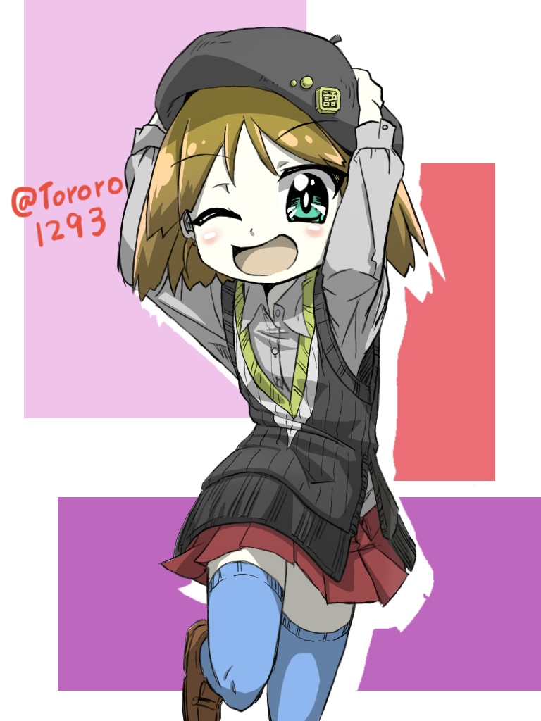 1girl, ;d, bangs, beret, black_headwear, black_sweater, blue_eyes, blue_legwear