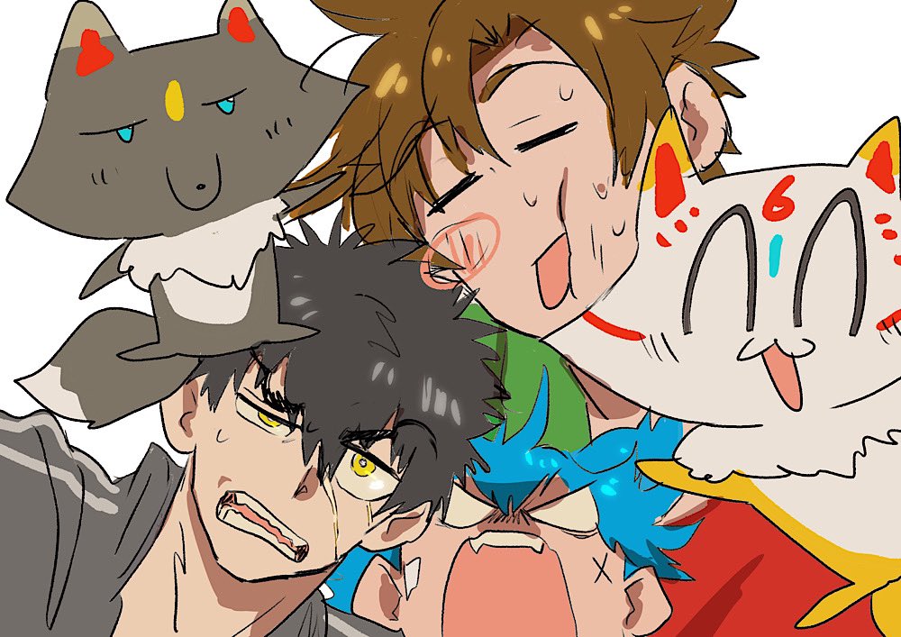 3boys, angry, blue_eyes, blue_hair, brown_hair, crowded, doudanuki_masakuni, facial_scar