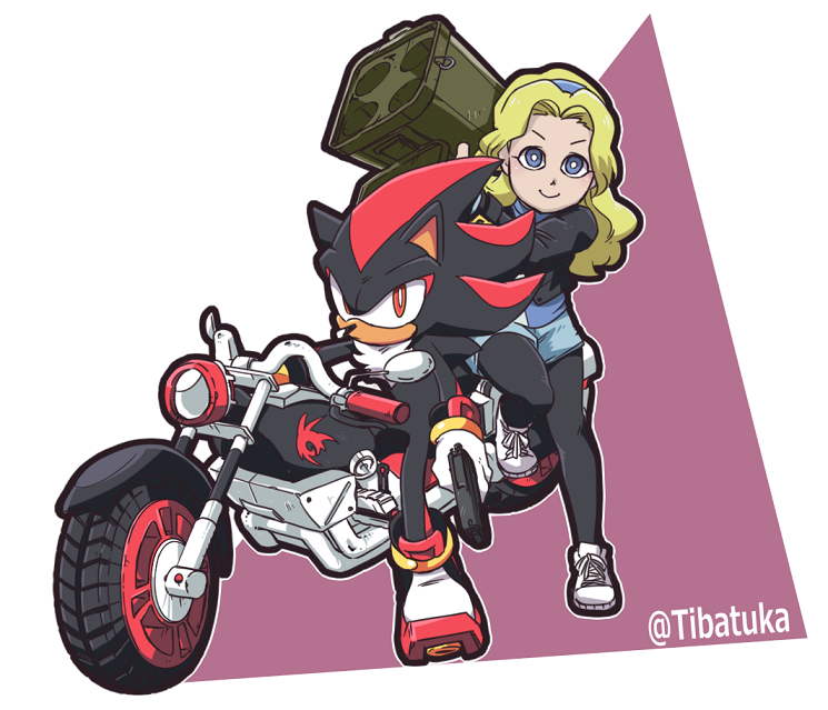 1boy, 1girl, animal_ears, animal_nose, blonde_hair, blue_eyes, bright_pupils, chiba_tsukasa, furry, ground_vehicle, gun, holding, holding_gun, holding_weapon, long_sleeves, looking_at_viewer, maria_robotnik, motor_vehicle, motorcycle, pantyhose, red_eyes, shadow_the_hedgehog, shadow_the_hedgehog_(game), short_shorts, shorts, smile, sonic_(series), twitter_username, weapon, weapon_request, white_pupils