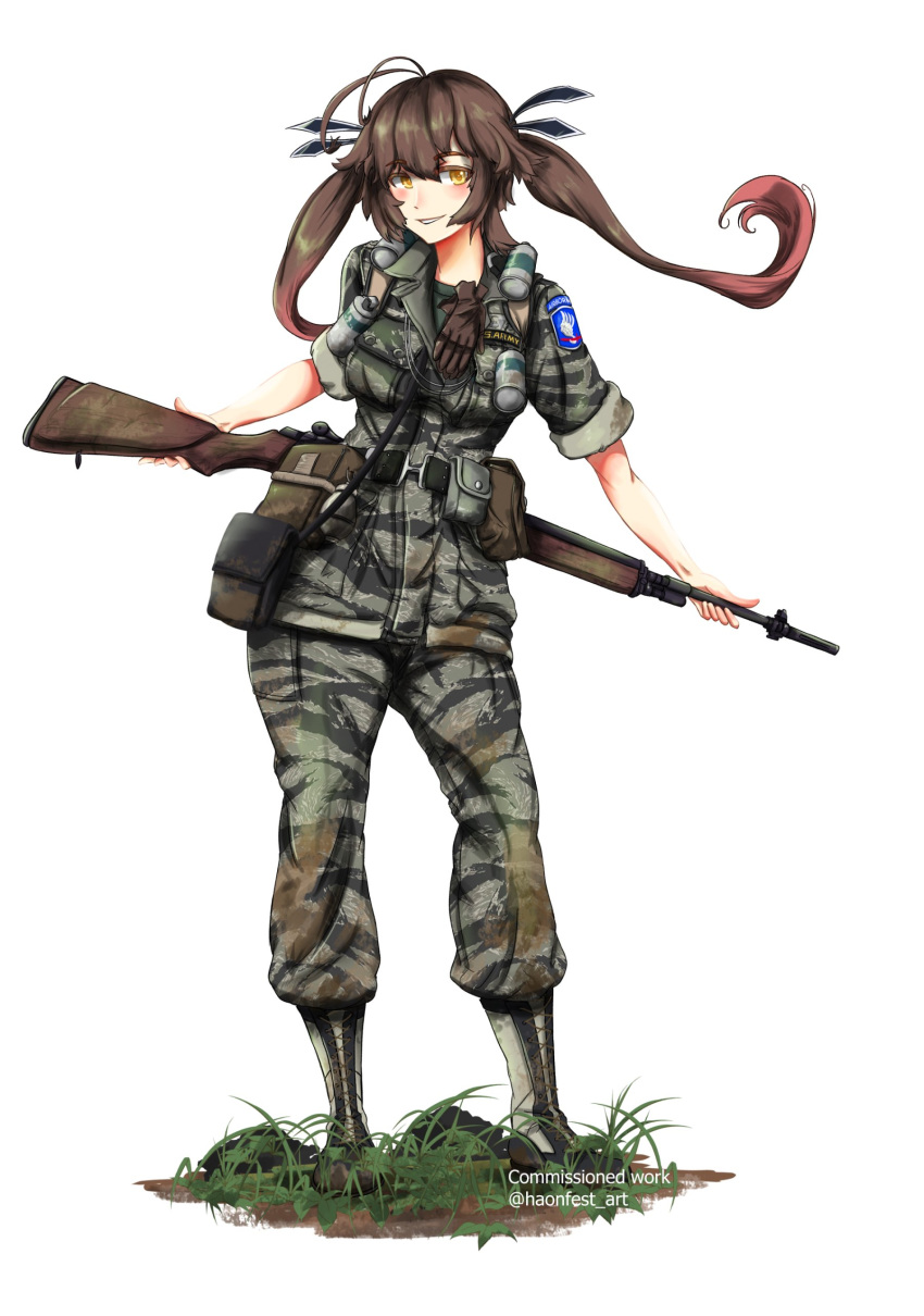 1girl, absurdres, alternate_costume, antenna_hair, arms_behind_back, battle_rifle, black_ribbon, boots
