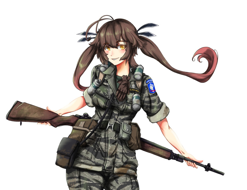 1girl, alternate_costume, antenna_hair, arms_behind_back, battle_rifle, black_ribbon, breasts, brown_eyes