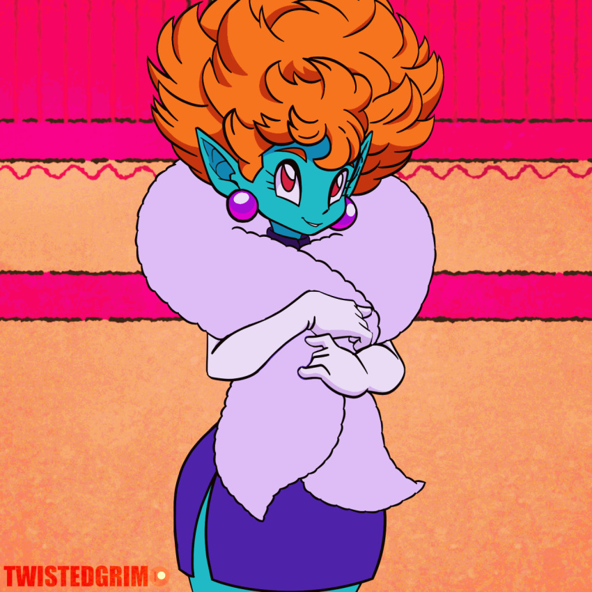 1girl, :d, animated, animated_gif, aqua_skin, bare_shoulders, big_hair, breasts