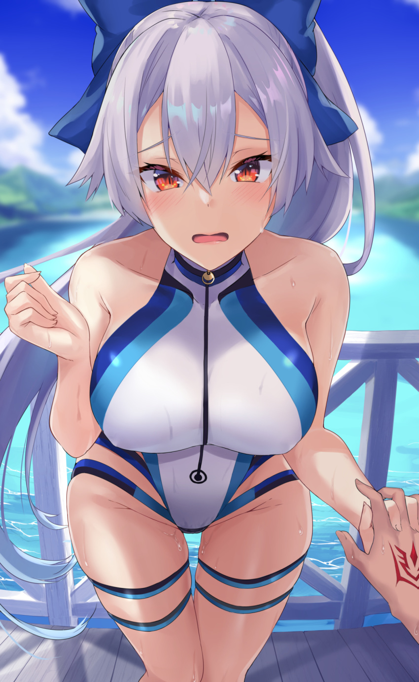 1girl, bare_shoulders, blue_sky, blush, breasts, command_spell, commentary, covered_nipples