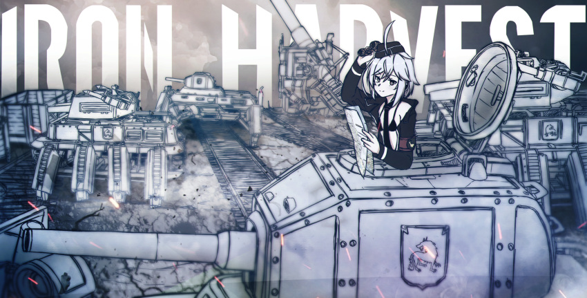 1girl, alternate_universe, artillery, c96_(girls_frontline), cannon, crossover, girls_frontline, ground_vehicle, highres, howitzer, iron_harvest, map, mecha, military, military_uniform, military_vehicle, motor_vehicle, multiple_legs, spider_tank, tank, trench, uniform, world_war_i, xandier59
