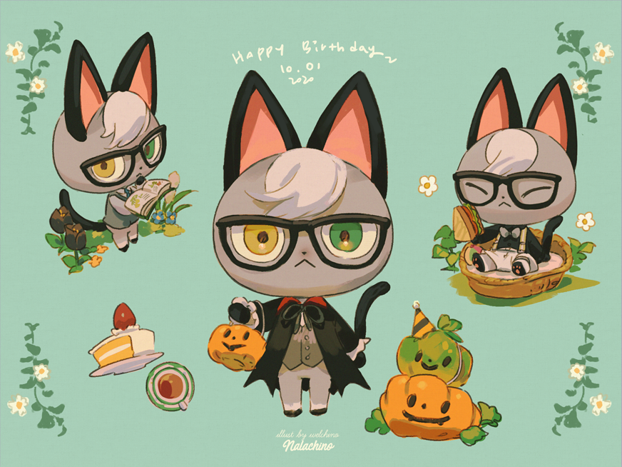 1boy, :<, animal_ears, artist_name, black-framed_eyewear, black_cloak, black_flower, black_neckwear