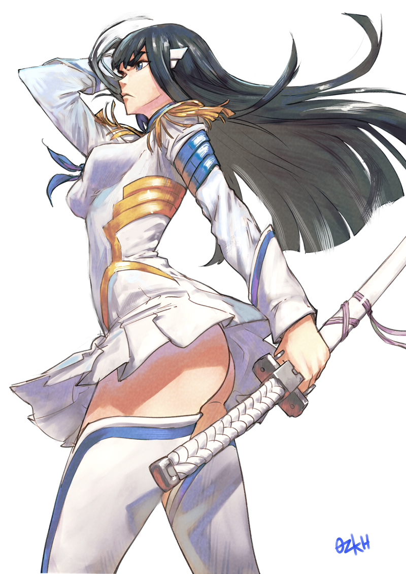 1girl, adjusting_hair, ass, bangs, black_hair, blue_eyes, breasts, floating_hair