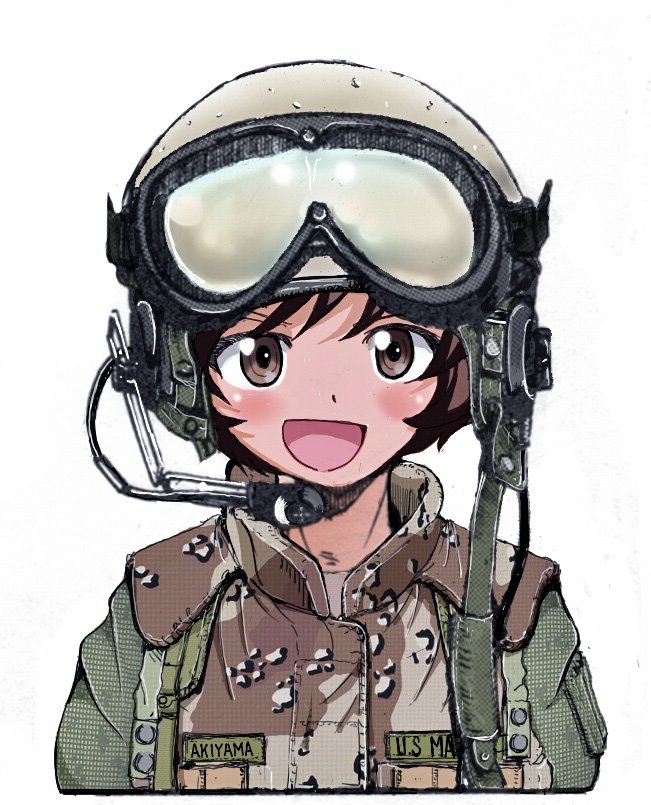 1girl, :d, akiyama_yukari, artist_name, bangs, brown_jacket, camouflage, character_name, commentary_request, cropped_torso, girls_und_panzer, goggles, goggles_on_headwear, green_headwear, gulf_war, headset, helmet, jacket, looking_at_viewer, military, military_uniform, military_vehicle, nakamura_3sou, name_tag, open_mouth, operation_desert_storm, pilot, pilot_helmet, pilot_suit, pilot_uniform, short_hair, simple_background, smile, solo, sss, uniform, united_states_marine_corps, upper_body, white_background, woodland_camouflage