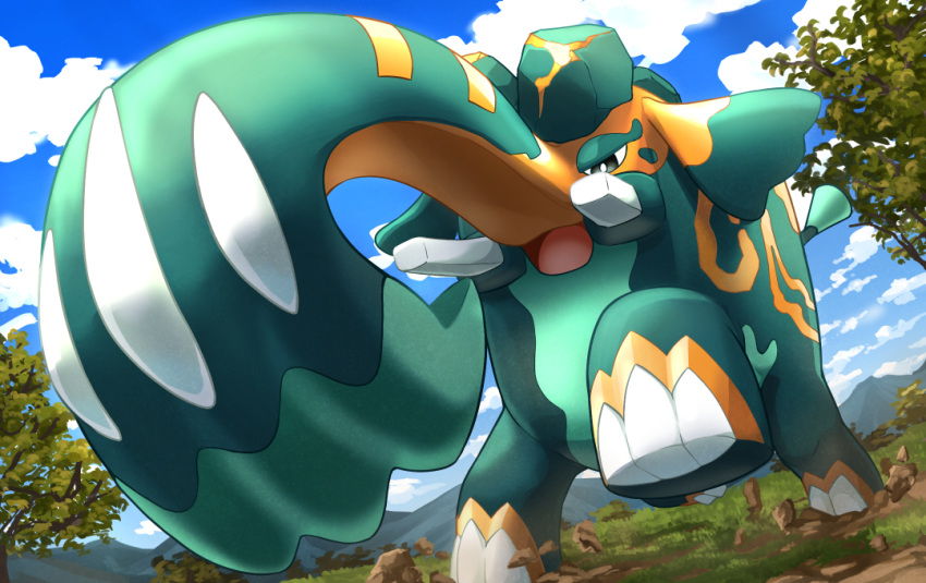 :o, black_eyes, copperajah, day, gen_8_pokemon, hakuginnosora, looking_at_viewer, no_humans
