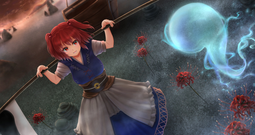 1girl, absurdres, arms_up, belt, blue_dress, boat, coin, commentary_request