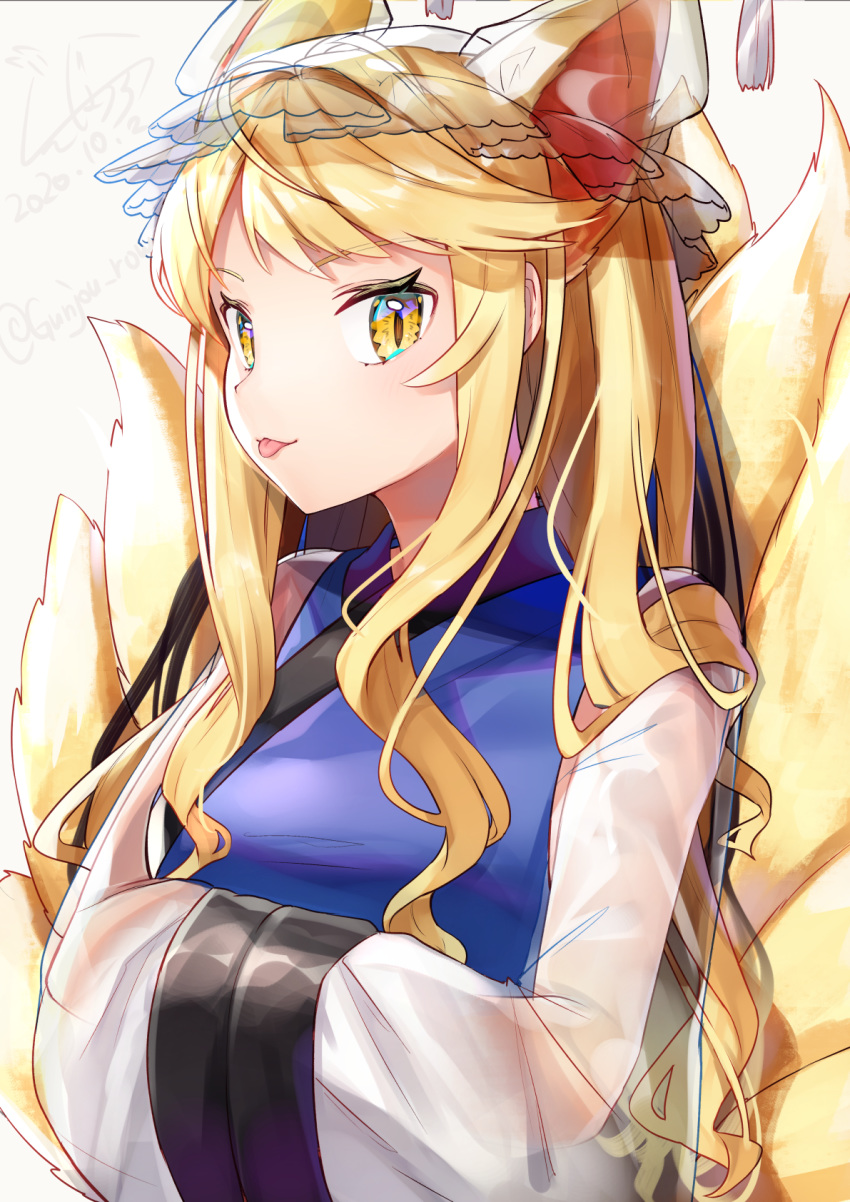 1girl, :p, alternate_hair_length, alternate_hairstyle, animal_ears, blonde_hair, dated, fox_ears