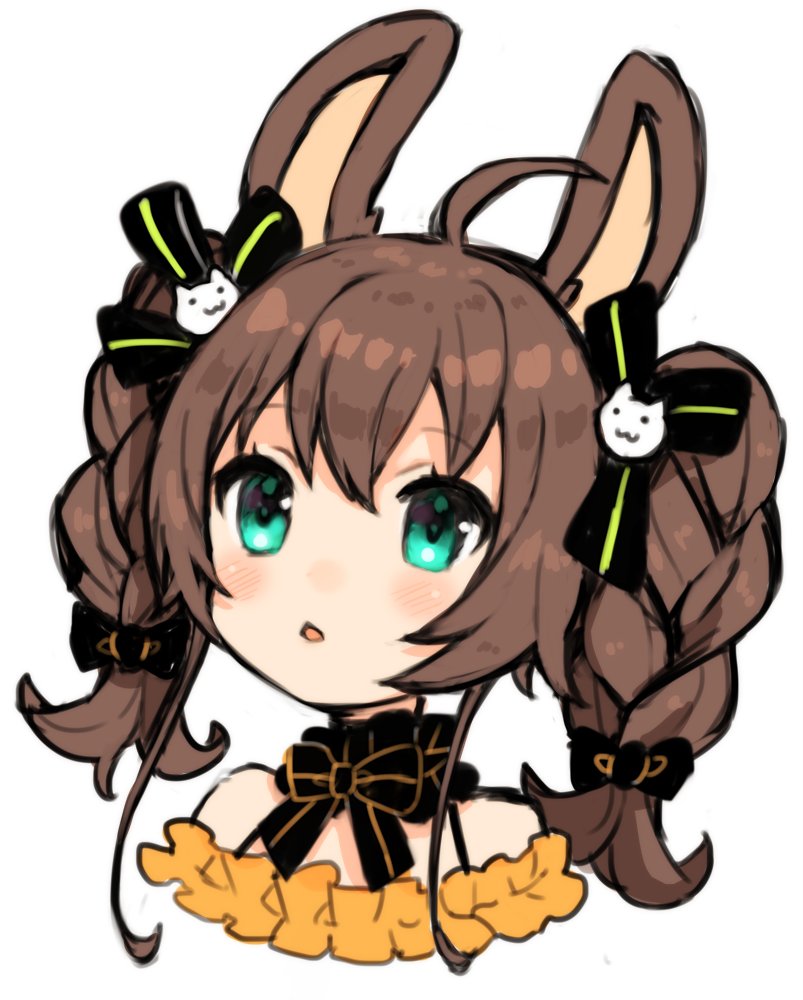 1girl, ahoge, animal_ears, aqua_eyes, bangs, bare_shoulders, black_bow, black_neckwear, black_ribbon, blush, bow, bowtie, braid, brown_hair, chestnut_mouth, choker, commentary_request, eyebrows_visible_through_hair, frilled_choker, frills, hair_between_eyes, hair_ornament, hololive, long_hair, looking_away, natsuiro_matsuri, nekohara_choco, parted_lips, portrait, rabbit_ears, ribbon, sidelocks, simple_background, solo, striped, striped_bow, striped_neckwear, striped_ribbon, twin_braids, twintails, virtual_youtuber, white_background