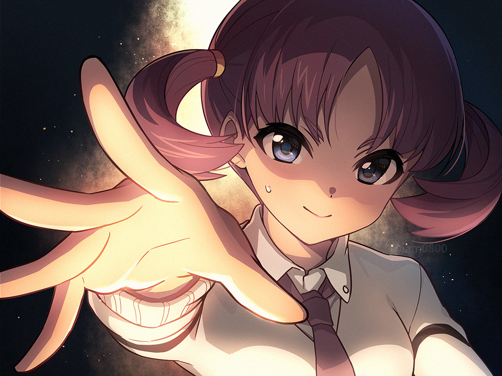 1girl, bangs, blue_eyes, brown_neckwear, closed_mouth, collared_shirt, commentary_request, gradient