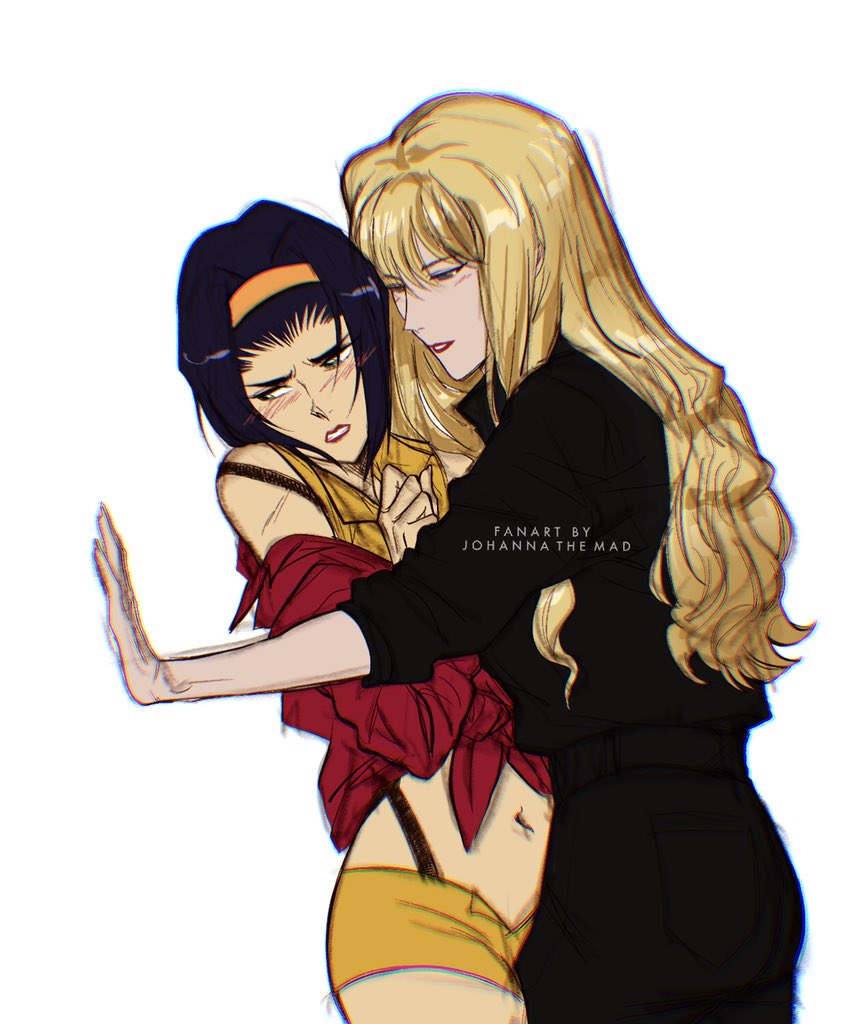 2girls, artist_name, bike_shorts, blonde_hair, blush, breasts, cowboy_bebop, english_text, faye_valentine, green_eyes, hairband, johannathemad, julia_(cowboy_bebop), multiple_girls, navel, purple_hair, spandex, wall_slam, yuri