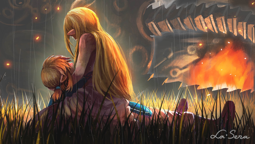 1boy, 1girl, blonde_hair, dress, elf, embers, fire, gown