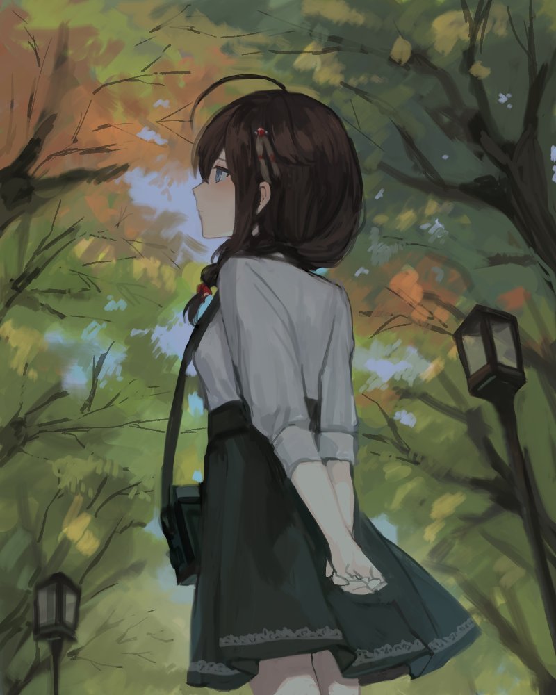 1girl, ahoge, alternate_costume, arms_behind_back, bangs, black_skirt, blue_eyes, braid