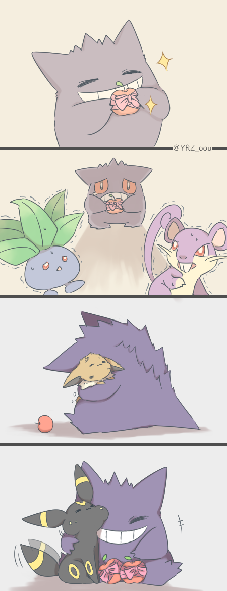 4koma, apple, artist_name, closed_eyes, commentary_request, eating, eevee, fruit
