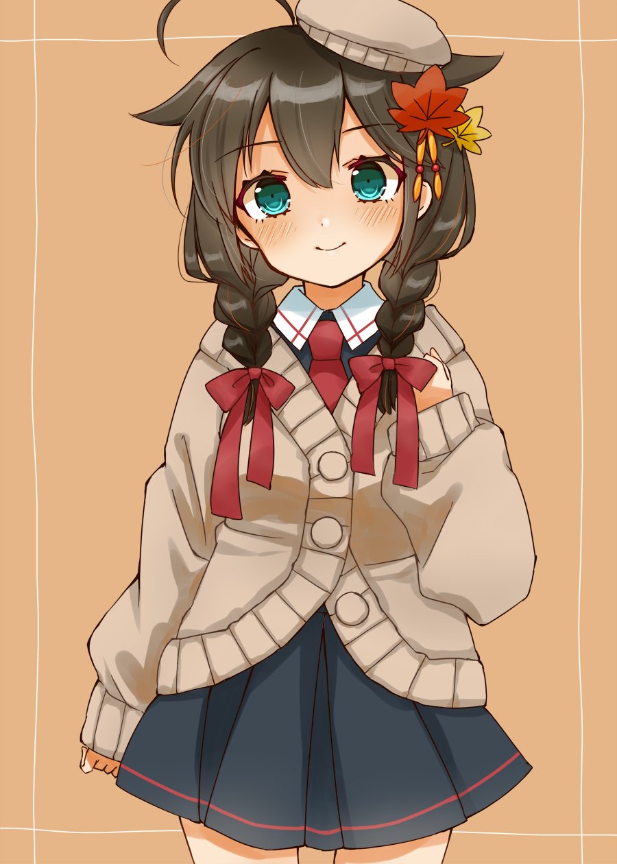 1girl, adapted_costume, ahoge, aqua_eyes, beige_cardigan, beige_headwear, beret, black_hair, black_skirt, braid, cardigan, cocoperino, commentary_request, cowboy_shot, hair_flaps, hair_ornament, hair_over_shoulder, hat, highres, kantai_collection, leaf_hair_ornament, looking_at_viewer, necktie, orange_background, red_neckwear, remodel_(kantai_collection), shigure_(kantai_collection), single_braid, skirt, solo, standing