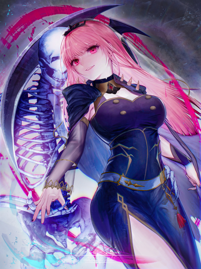 1girl, bangs, black_dress, blunt_bangs, breasts, detached_sleeves, dress, eyebrows_visible_through_hair, highres, holding, hololive, hololive_english, large_breasts, long_hair, looking_at_viewer, mori_calliope, open_mouth, pink_eyes, pink_hair, scythe, smile, solo, spikes, tiara, veil, virtual_youtuber, xio_xio