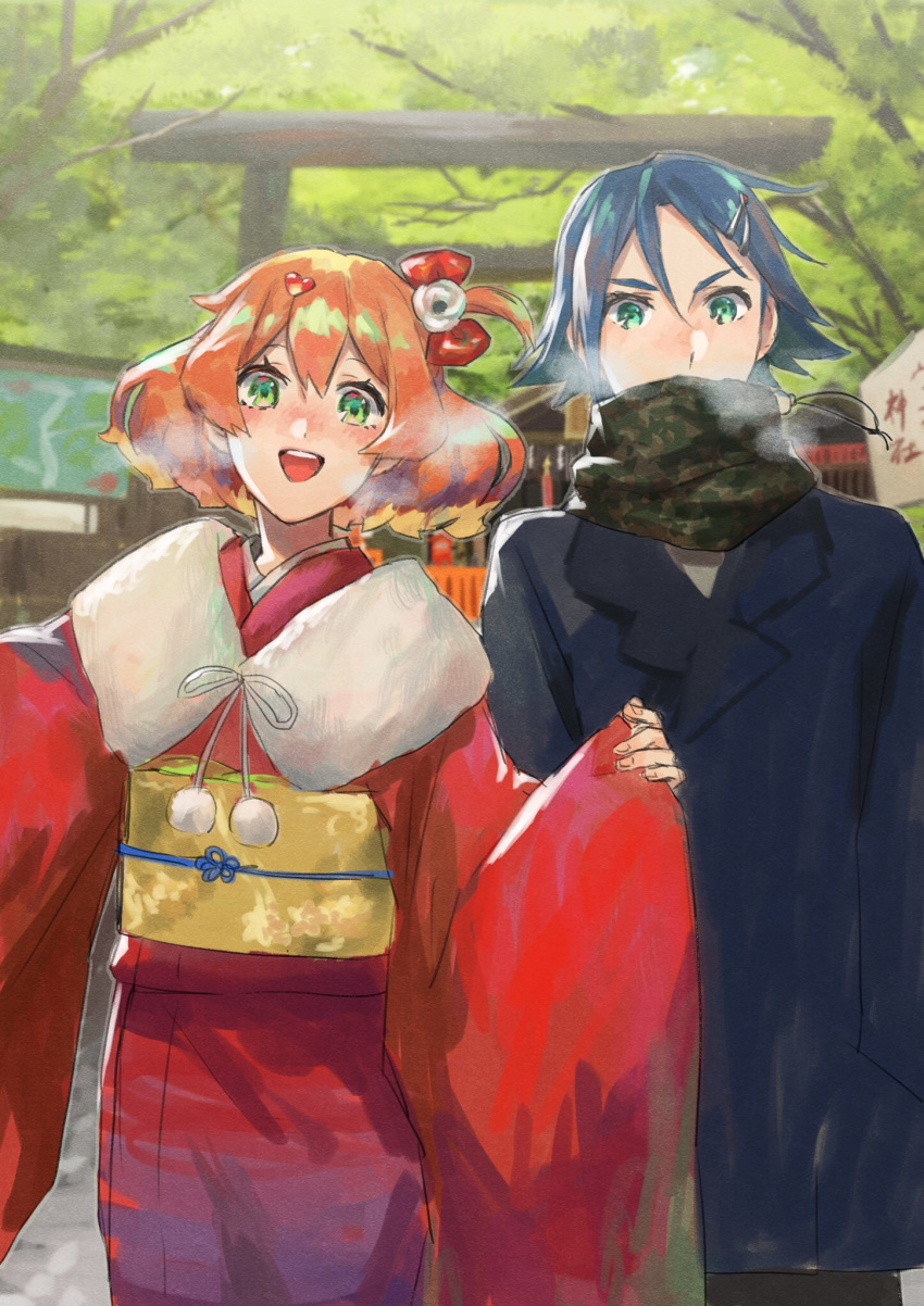 1boy, 1girl, :d, bangs, blonde_hair, blue_coat, blue_hair, bow