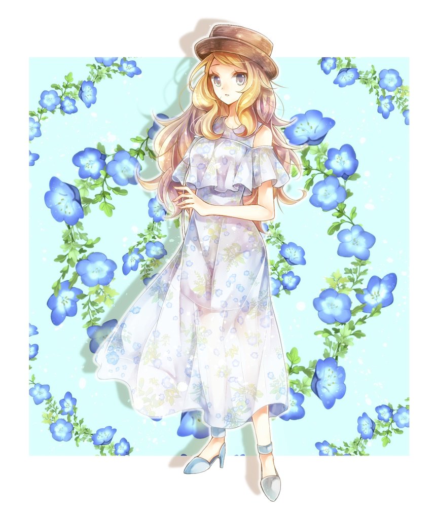 1girl, alternate_costume, bangs, blonde_hair, blue_background, blue_eyes, blue_flower, border