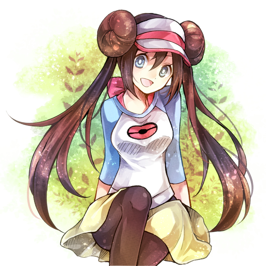 1girl, :d, bangs, black_legwear, blue_eyes, blue_sleeves, breasts, brown_hair, double_bun, floating_hair, hair_between_eyes, highres, long_hair, long_sleeves, looking_at_viewer, medium_breasts, miniskirt, open_mouth, pantyhose, poke_ball_print, pokemon, pokemon_(game), pokemon_bw2, print_shirt, rosa_(pokemon), shiny, shiny_hair, shirt, sitting, skirt, smile, solo, very_long_hair, visor_cap, white_background, white_shirt, yellow_skirt, yomogi_(black-elf)