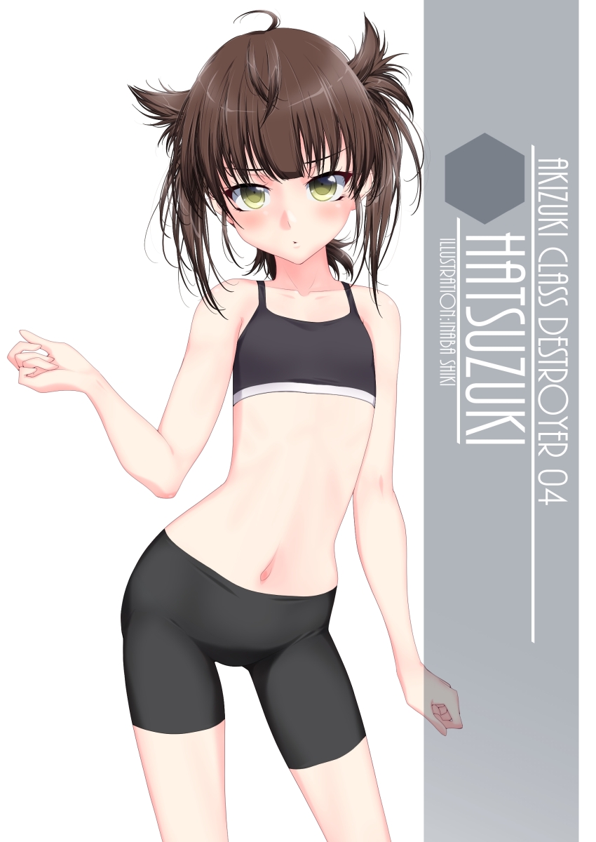 1girl, ahoge, artist_name, bike_shorts, black_shorts, blue_swimsuit, brown_hair, character_name