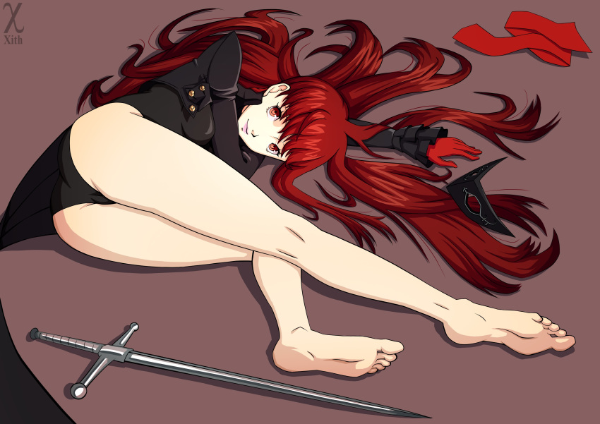 1girl, absurdres, alternate_hairstyle, barefoot, black_jacket, black_leotard, breasts, feet, gloves, highres, jacket, leotard, long_hair, looking_at_viewer, lying, on_side, persona, persona_5, persona_5_the_royal, rapier, red_eyes, red_gloves, redhead, signature, solo, sword, thighs, very_long_hair, weapon, x_xith_x, yoshizawa_kasumi
