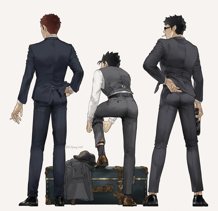 3boys, arm_at_side, ass, belt, between_fingers, black-framed_eyewear, black_footwear, black_hair