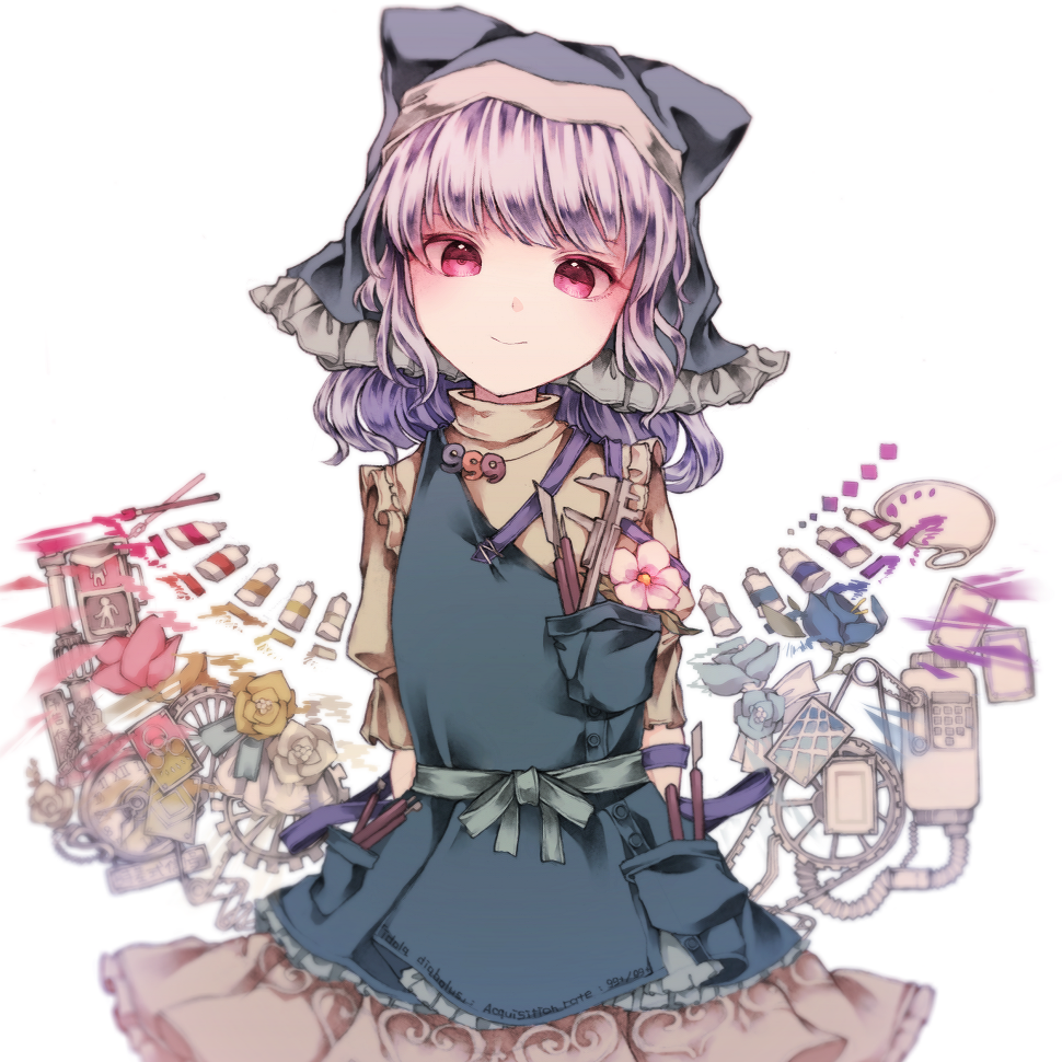 1girl, apron, bangs, blue_hair, caliper, chisel, clock, cowboy_shot, dress, flower, frilled_apron, frilled_skirt, frills, gears, haniyasushin_keiki, head_scarf, looking_at_viewer, magatama_necklace, paint_tube, paintbrush, palette, pedestrian_lights, puffy_short_sleeves, puffy_sleeves, red_eyes, ribbon, sato_imo, short_sleeves, skirt, smile, solo, touhou, yellow_dress