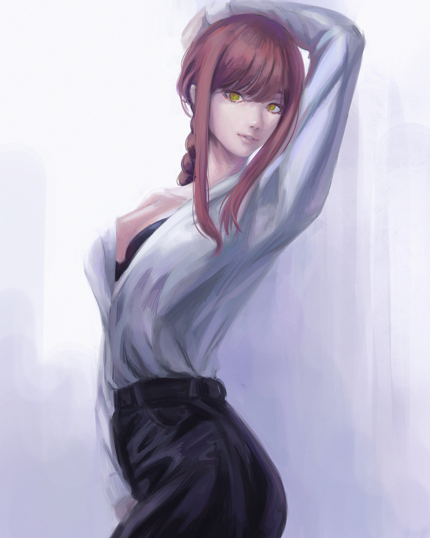 1girl, bangs, black_pants, braid, braided_ponytail, breasts, business_suit, chainsaw_man