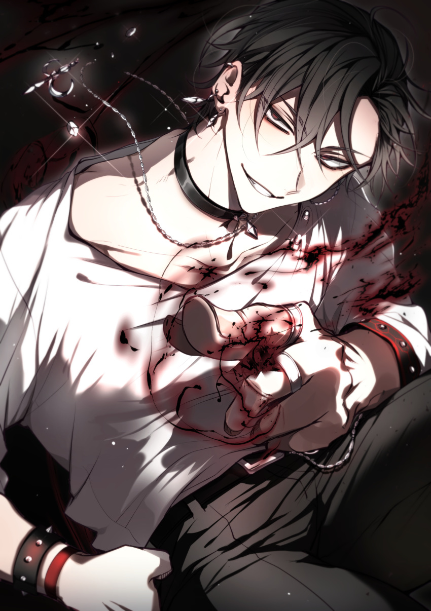 1boy, absurdres, belt, black_choker, black_hair, bracelet, broken, broken_necklace, choker, ear_piercing, earrings, fingernails, glint, hair_between_eyes, highres, jewelry, magic, male_focus, necklace, original, parted_lips, piercing, pointing, red_yarn, ring, shunnyun, smile, solo, spiked_bracelet, spikes