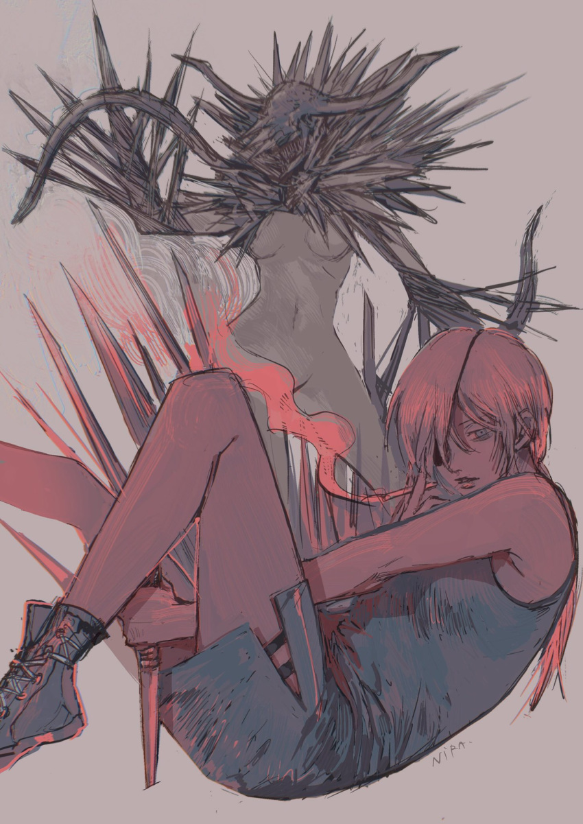 1girl, arrow_(projectile), artist_name, bare_shoulders, black_shirt, black_shorts, breasts, chainsaw_man