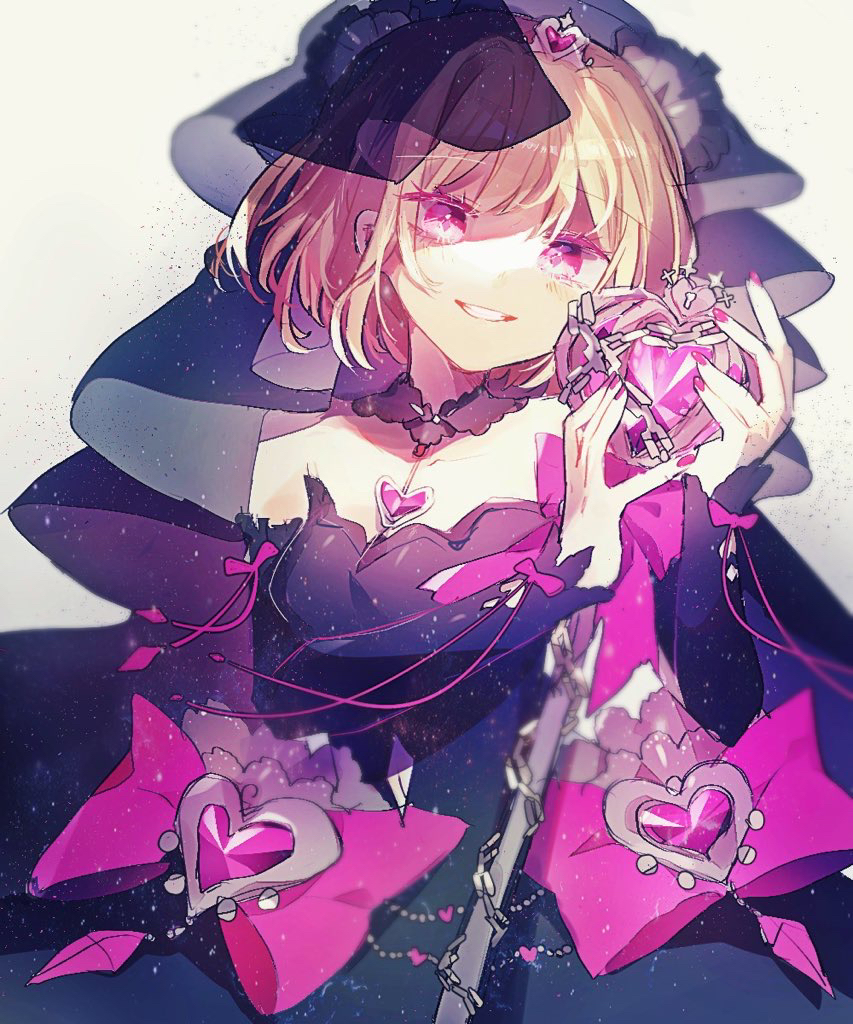 #compass, 1girl, bangs, bare_shoulders, beige_background, black_dress, blonde_hair, bow, chain, clothing_cutout, commentary_request, cross, crystal, detached_collar, detached_sleeves, diamond-shaped_pupils, diamond_(shape), dress, grin, hair_ornament, heart, heart_cutout, heart_hair_ornament, holding, holding_wand, keyhole, kino-cands, looking_at_viewer, partial_commentary, pink_bow, pink_nails, pink_ribbon, red_eyes, ribbon, ruruka_(#compass), short_hair, sleeveless, sleeveless_dress, smile, solo, symbol-shaped_pupils, upper_body, veil, wand