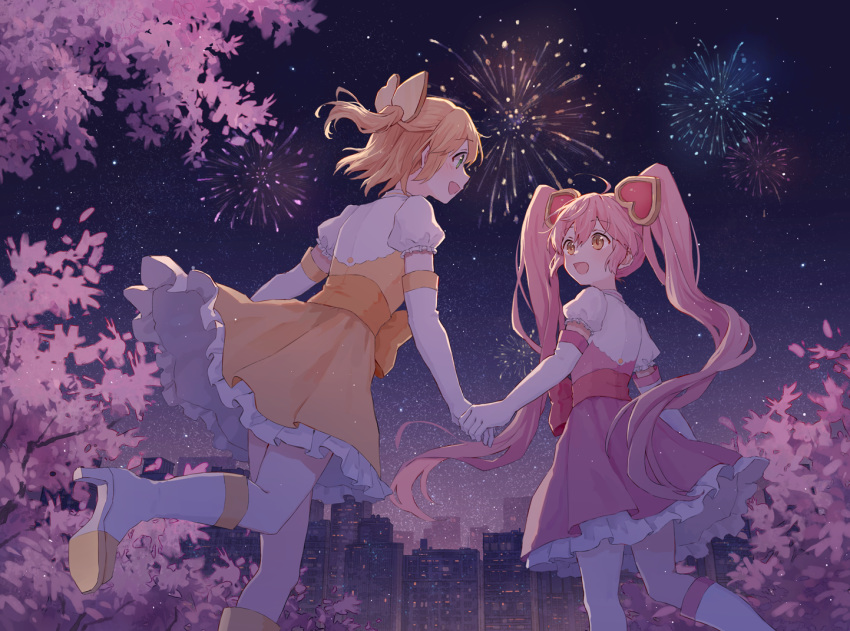 #compass, 2girls, :d, ahoge, bangs, blonde_hair, boots, bow